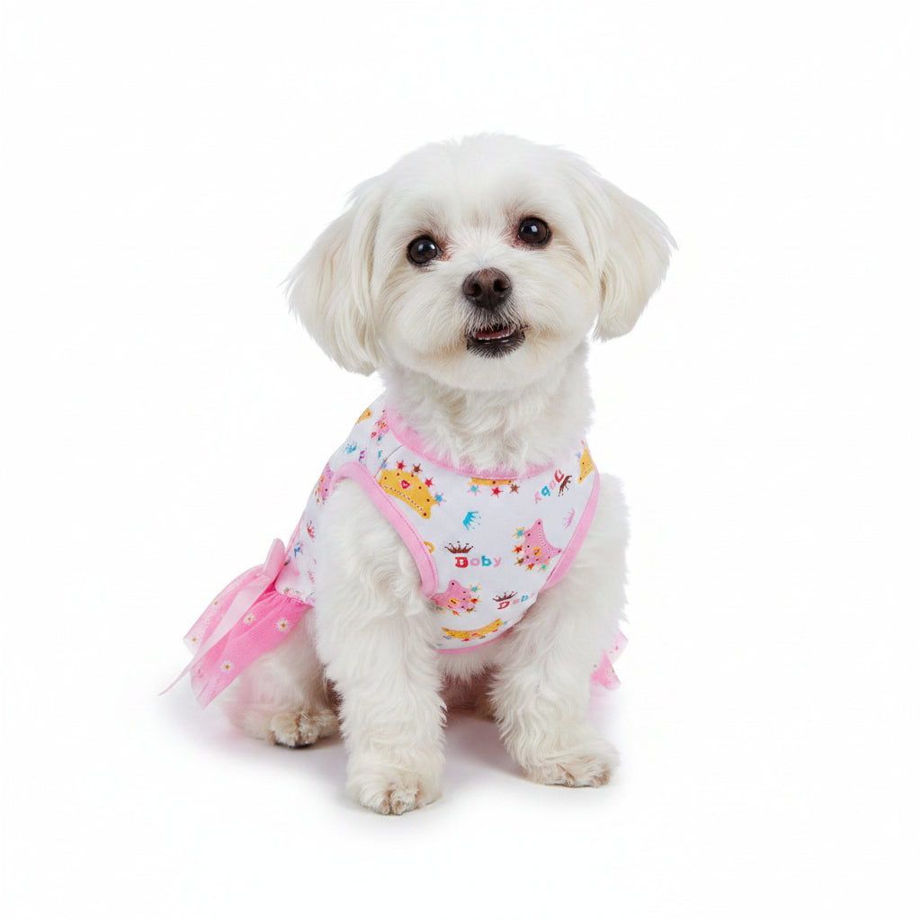 VESTIDO ROSADO PARA MASCOTA CON DISEÑO DE CORONA