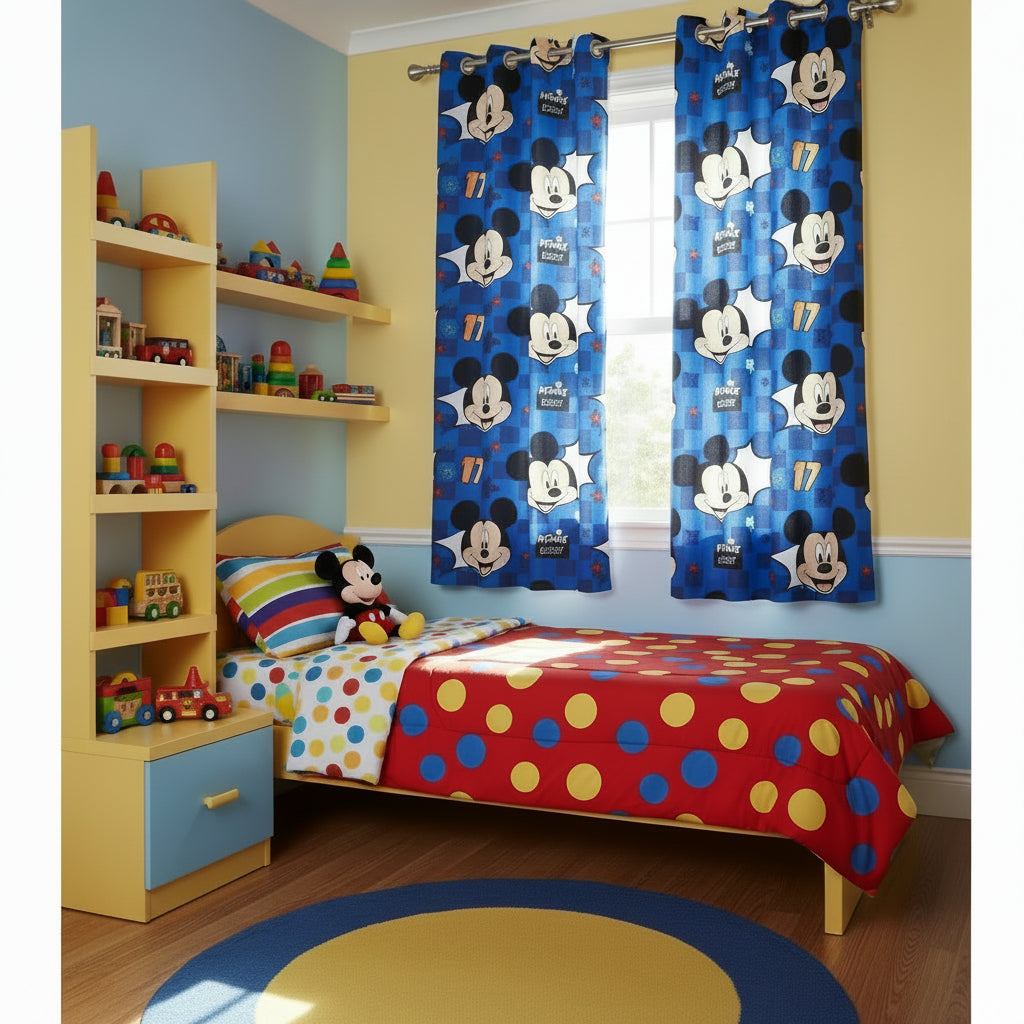 CORTINA DECORATIVA AZUL PARA RECAMARA INFANTIL DISEÑO DE MICKEY