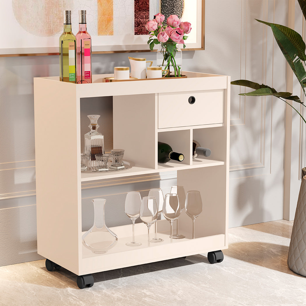 MUEBLE BAR CREMA 2 NIVELES, 4 COMPARTIMIENTO UNA GAVETA PEQUEÑA