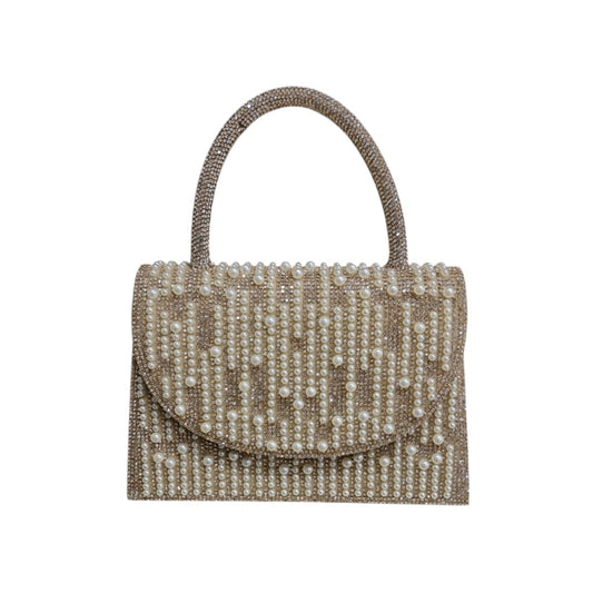 BOLSO DE FIESTA DE MANO CON CRISTALES Y PERLAS DORADA