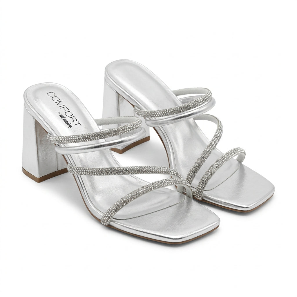 ZAPATOS DE TACÓN ESTILO MULE CON TIRAS PLATEADAS