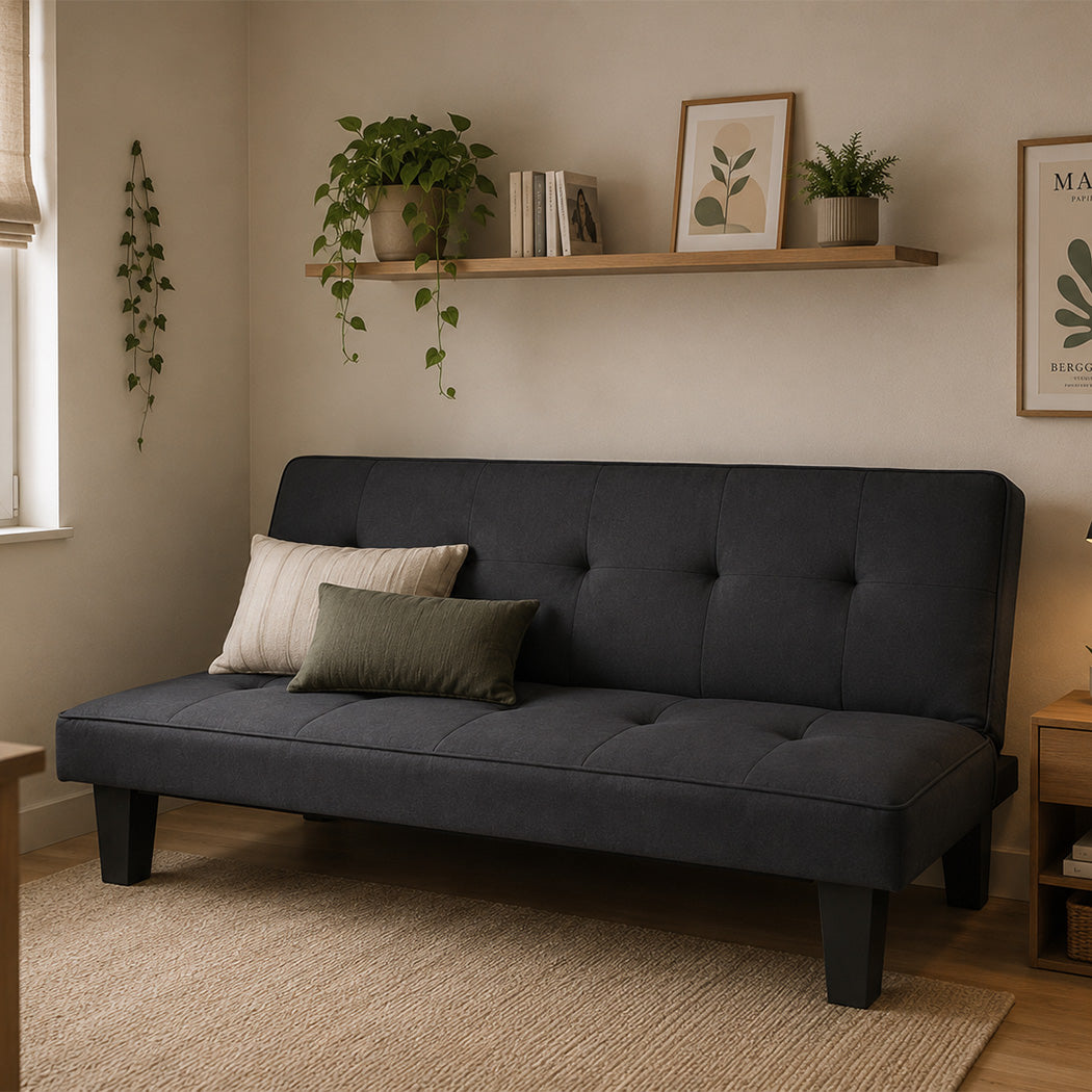 SOFA CAMA GRIS OSCURO Y PATAS NEGRAS