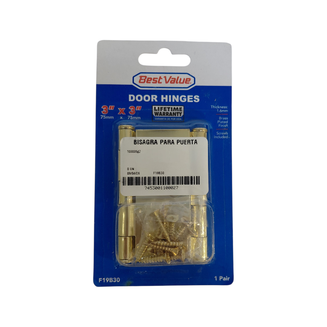 BISAGRA PARA PUERTA DORADA 3"X3"
