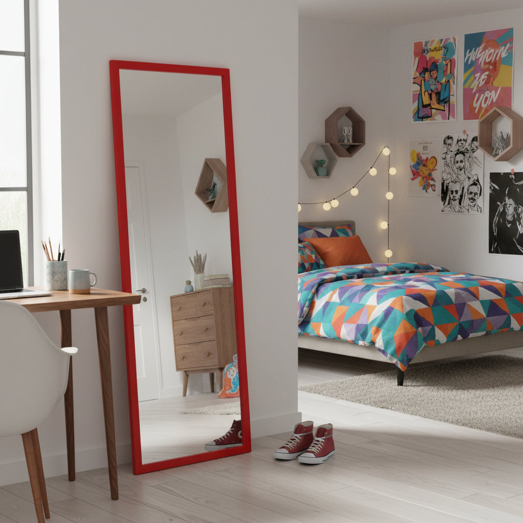 ESPEJO RECTANGULAR DECORATIVO DE PARED ENMARCADO ROJO