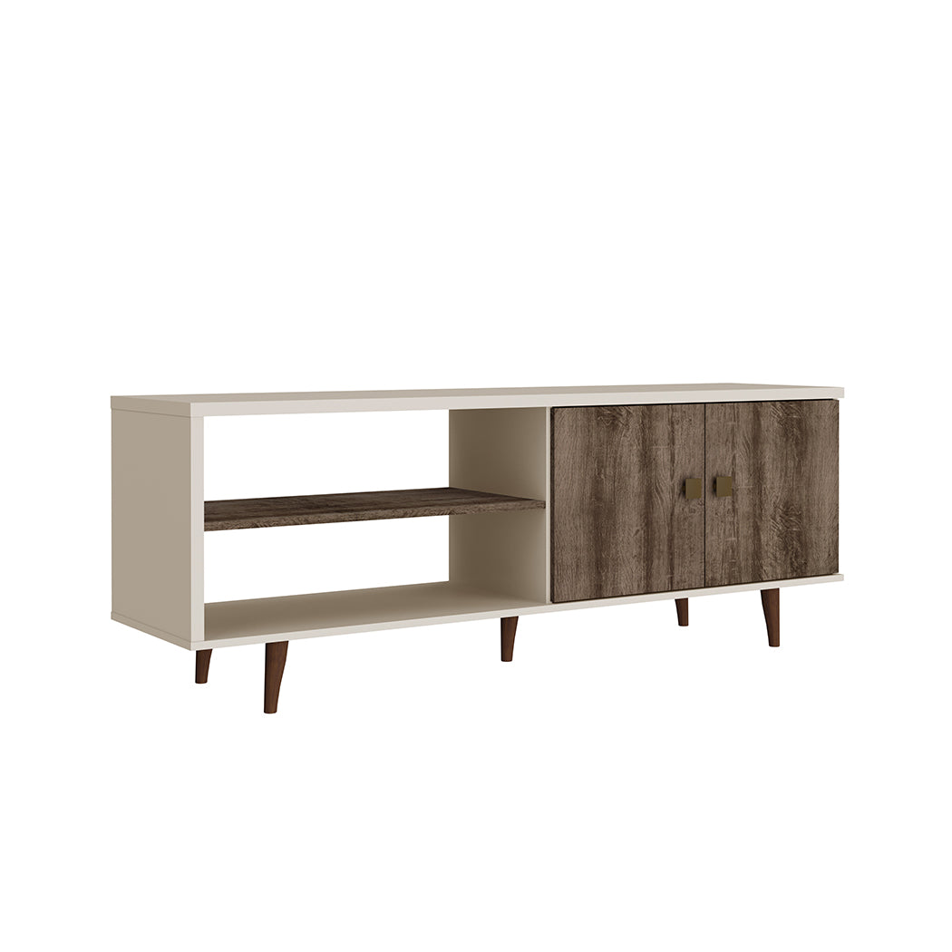 MUEBLE DE TV BLANCON CON MARRÓN CLARO 2 COMPARTIMIENTOS ABIERTOS Y 2 GAVETAS