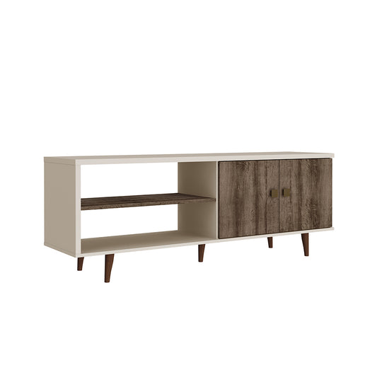 MUEBLE DE TV BLANCON CON MARRÓN CLARO 2 COMPARTIMIENTOS ABIERTOS Y 2 GAVETAS
