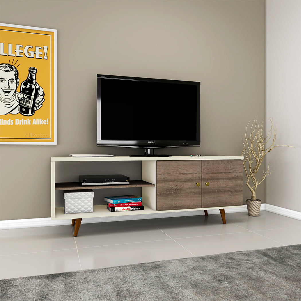 MUEBLE DE TV BLANCON CON MARRÓN CLARO 2 COMPARTIMIENTOS ABIERTOS Y 2 GAVETAS