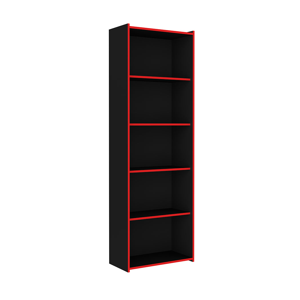 LIBRERO DE MADERA NEGRO CON BORDES ROJOS DE 5 NIVELES