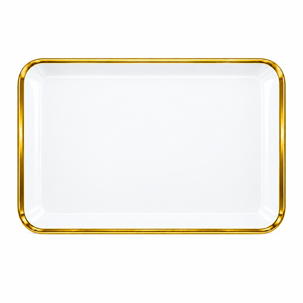BANDEJA PLÁSTICA RECTANGULAR BORDE DORADO
