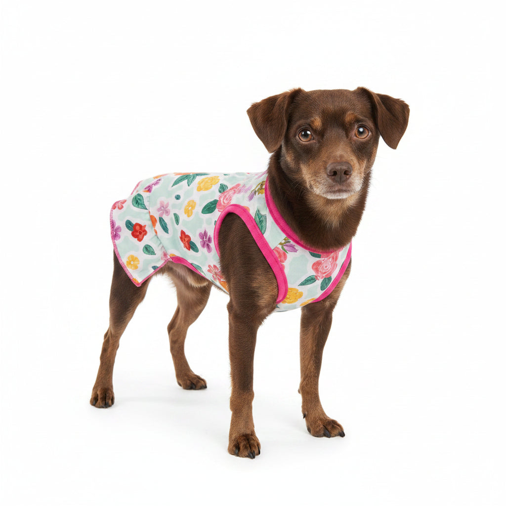 VESTIDO ROSADO PARA MASCOTA CON DISEÑO DE FLORES