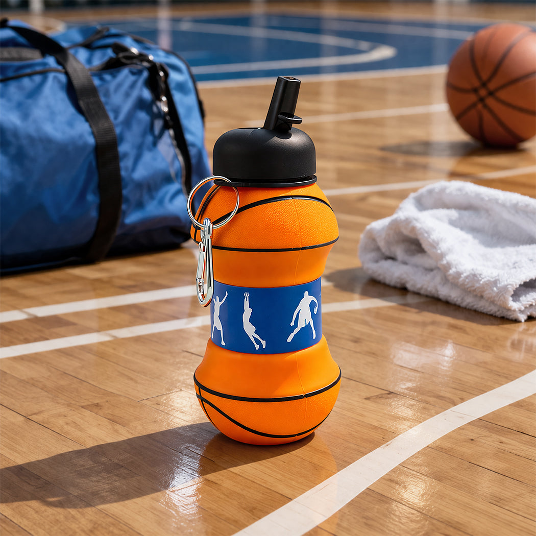 BOTELLA PLEGABLE DE SILICONA CON DISEÑO DE PELOTA DE BASQUETBALL