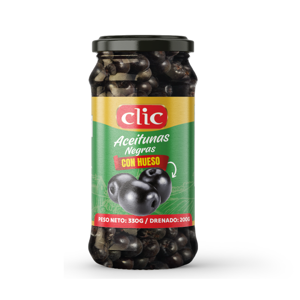 ACEITUNAS NEGRAS CON HUESO VIDRIO CLIC 330G