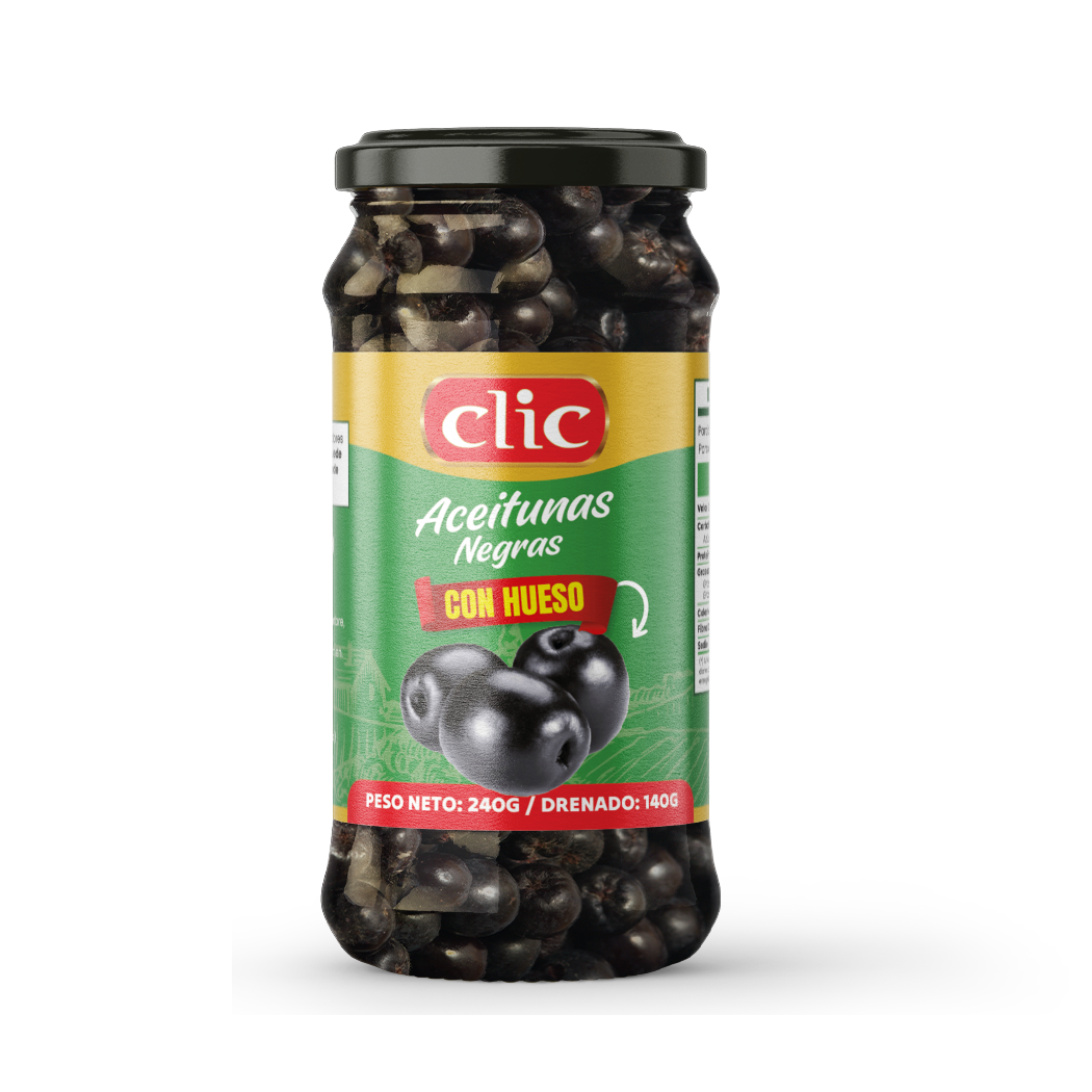 ACEITUNAS NEGRAS CON HUESO VIDRIO CLIC 240G