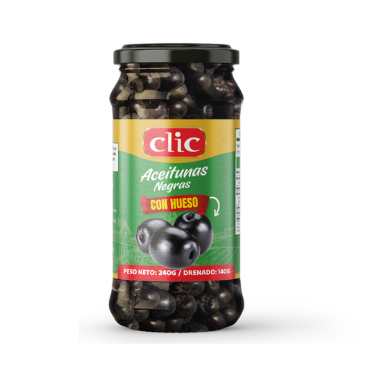 ACEITUNAS NEGRAS CON HUESO VIDRIO CLIC 240GR