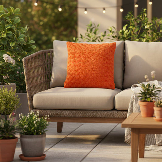 COJIN DECORATIVO CON RELIEVE RIZADO NARANJA VIBRANTE