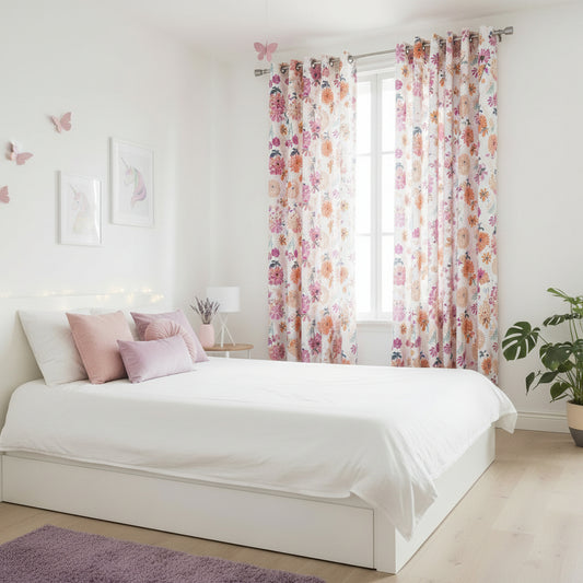 CORTINA DECORATIVA PARA SALA DISEÑO DE FLORES MULTICOLOR AROS DE METAL 140CM X 213CM