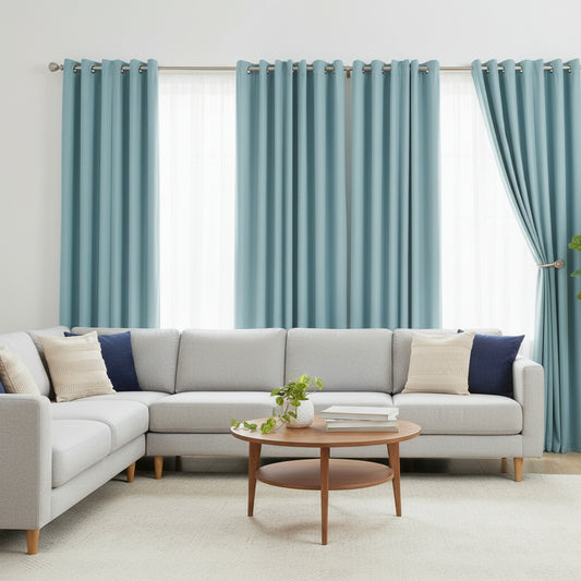 CORTINA DECORATIVA PARA SALA COLOR CELESTE AROS DE METAL 140CM X 213CM