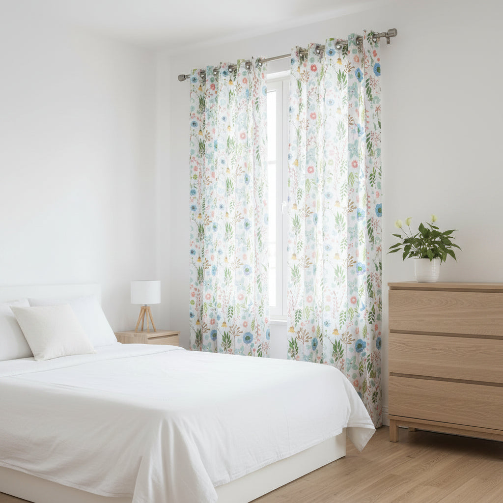 CORTINA DECORATIVA PARA SALAS DISEÑO DE FLORES AROS DE METAL 140CM X 213CM