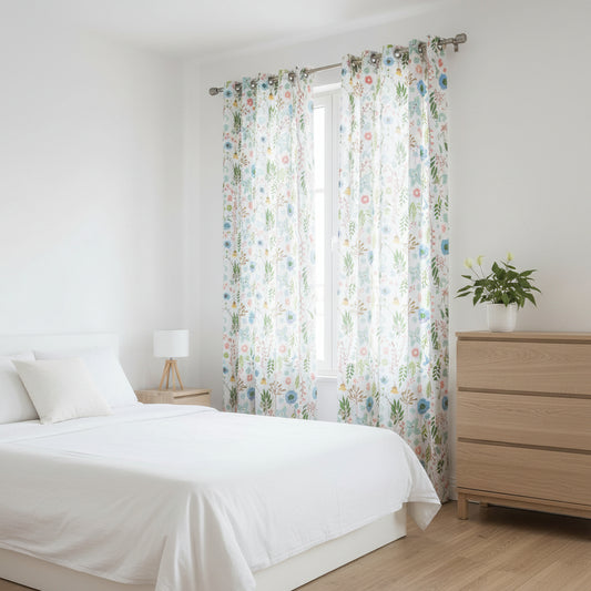 CORTINA DECORATIVA PARA SALAS DISEÑO DE FLORES AROS DE METAL 140CM X 213CM