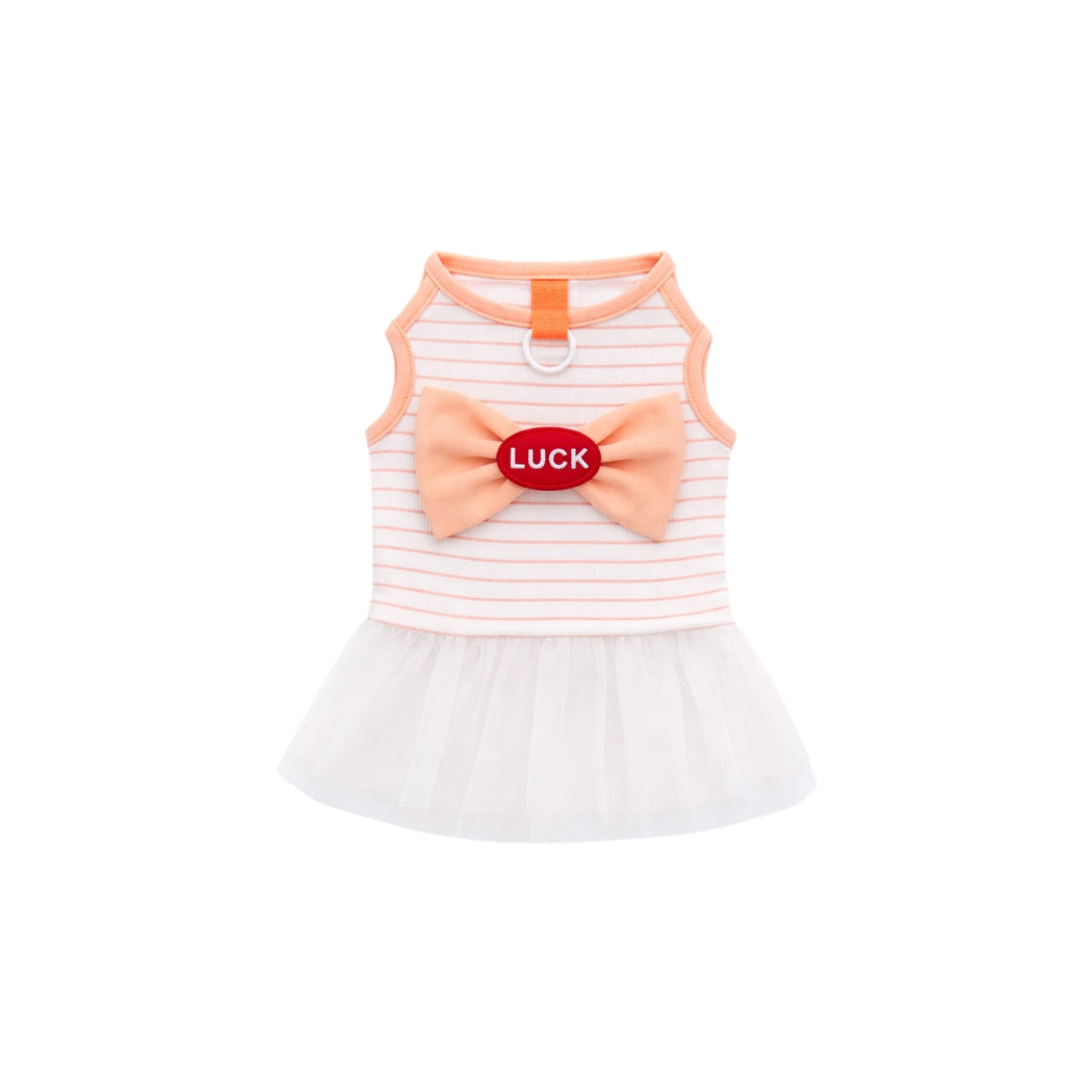 VESTIDO PARA MASCOTA CON DISEÑO DE RAYAS Y UN LAZO