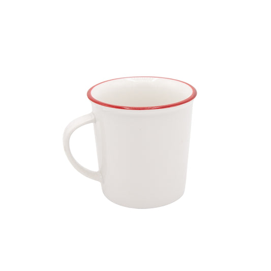 TAZA DE CERAMICA BLANCA CON BORDE ROJO