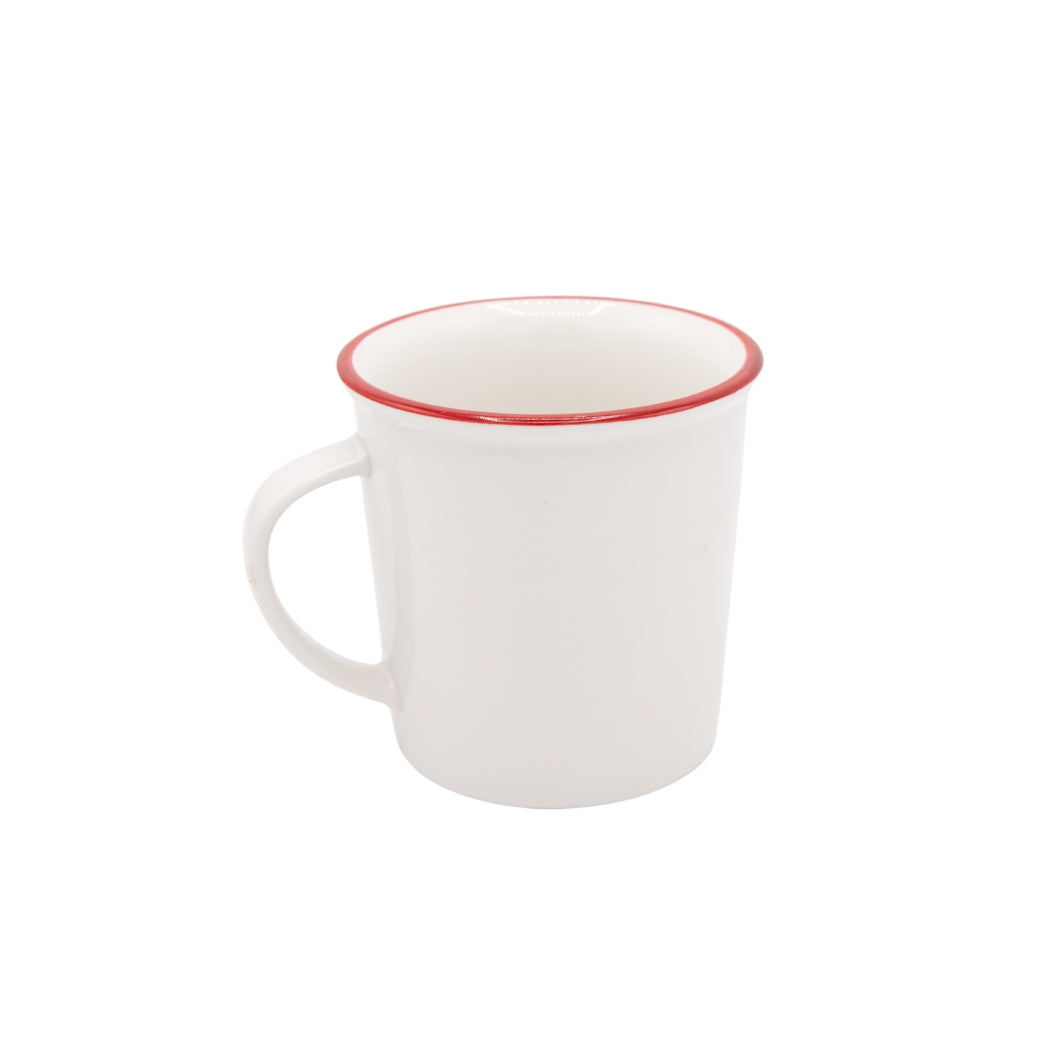 TAZA DE CERAMICA BLANCA CON BORDE ROJO