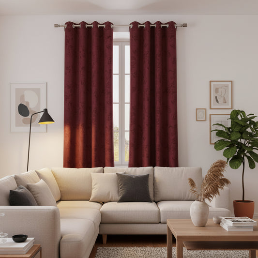 CORTINA DECORATIVA COLOR ROJO VINO DISEÑO DE HOJAS JACQUARD 52" X 84"