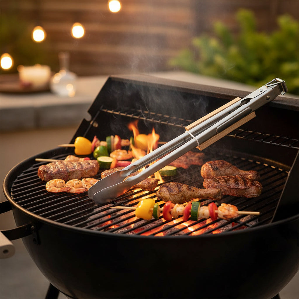 TENAZA DE ALUMINIO CON MANGO DE MADERA PARA BARBACOA