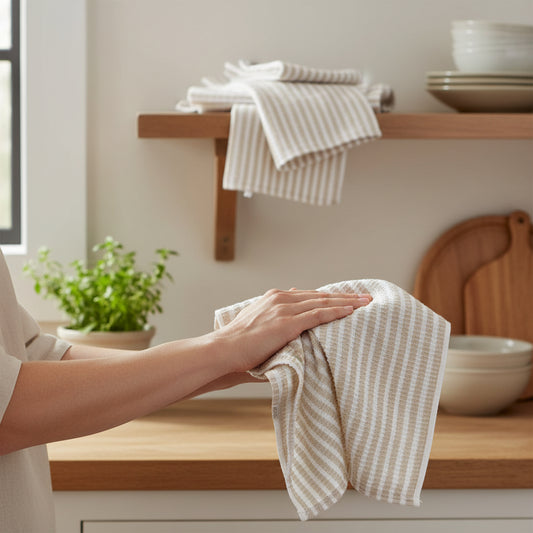 SET DE 5 TOALLAS DE COCINA RAYAS BLANCA Y CREMA 40CM X 48CM