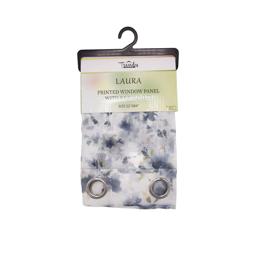 CORTINA DECORATIVA COLOR BLANCO CON DISEÑOS DE FLORES EN AZUL 52" X 84"