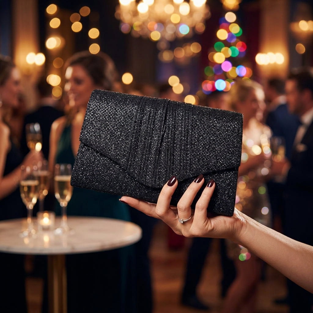 BOLSO DE FIESTA TIPO CLUTCH CON BRILLO NEGRO