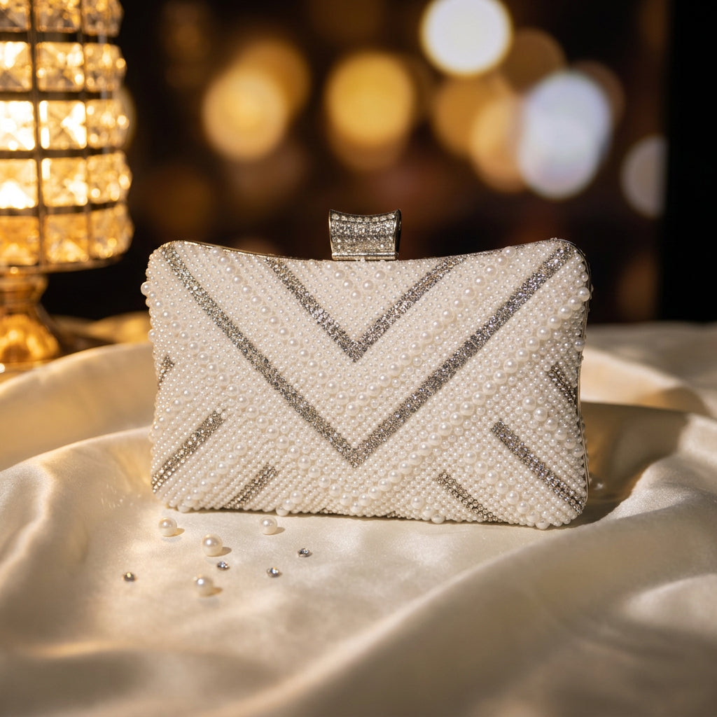 BOLSO DE NOCHE TIPO CLUTCH CON PERLAS Y CRISTALES