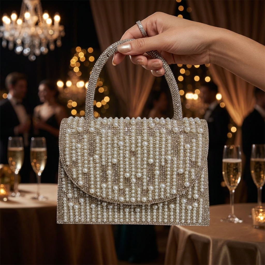 BOLSO DE FIESTA DE MANO CON CRISTALES Y PERLAS DORADA