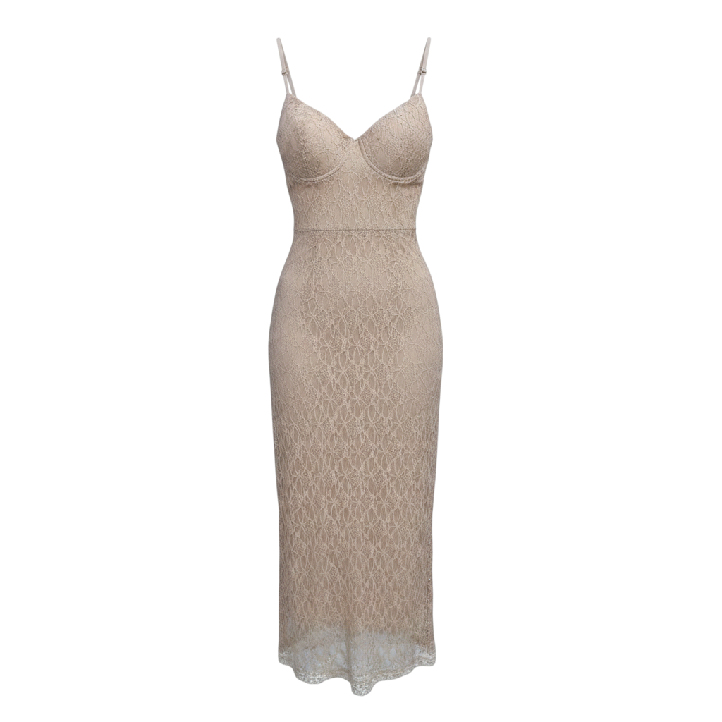 VESTIDO DE COCTEL MIDI DE ENCAJE CON BRILLO
