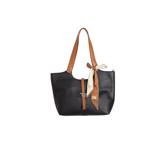 BOLSO GRANDE NEGRO CON DETALLES Y ASA CAMEL
