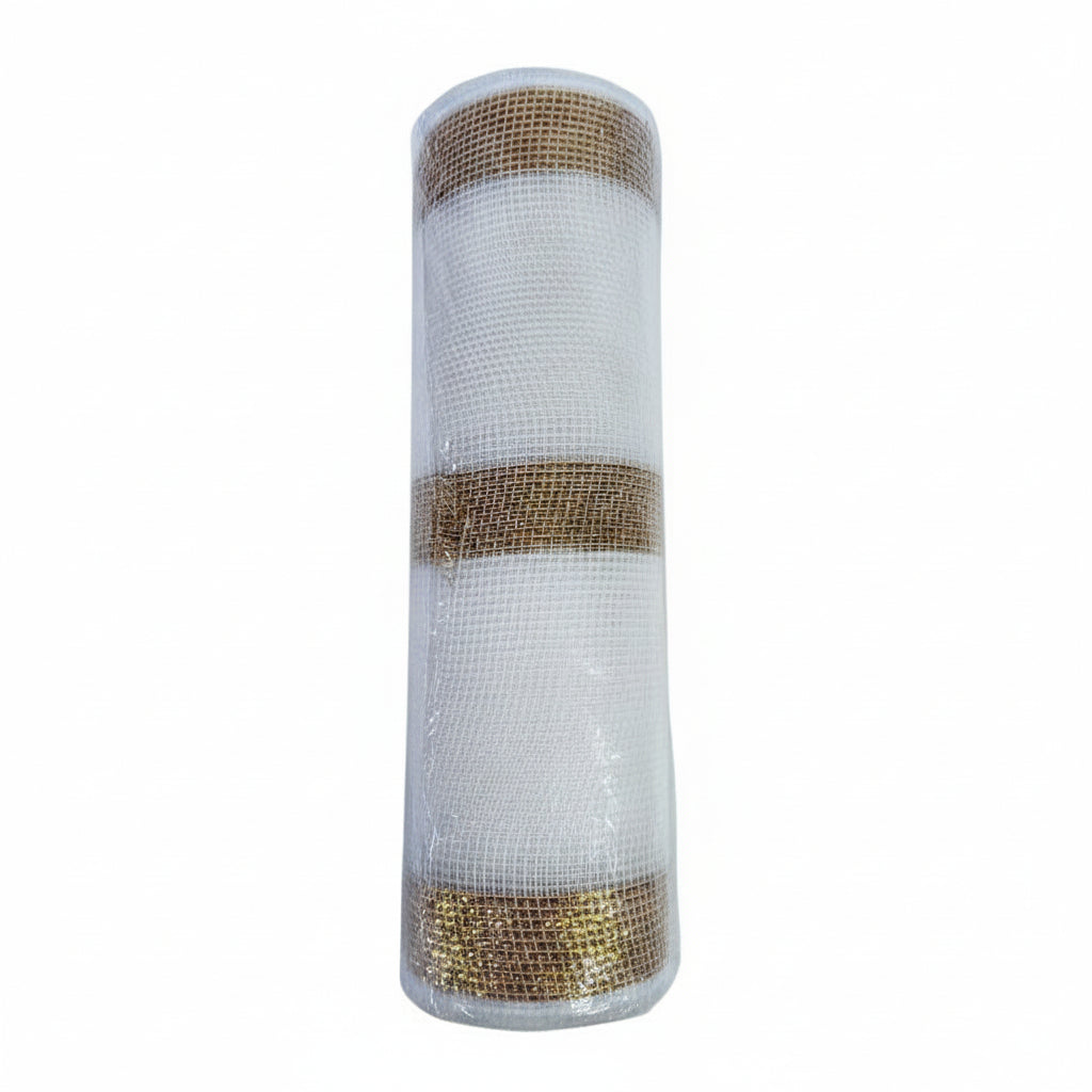 MALLA DECORATIVA BLANCA CON LINEAS GRUESAS DORADAS