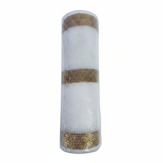 MALLA DECORATIVA BLANCA CON LINEAS GRUESAS DORADAS