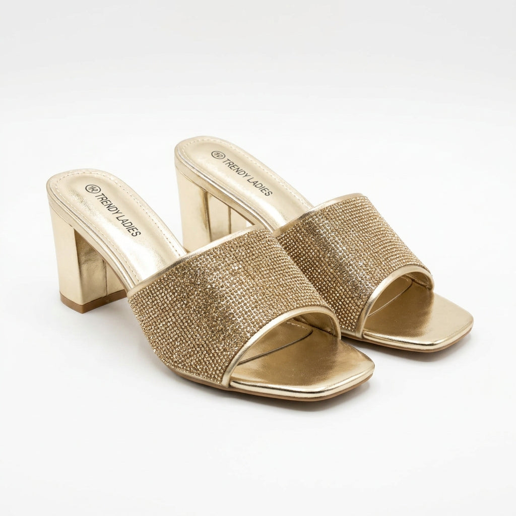 ZAPATOS DE TACÓN CON TIRAS ESTILO MULE DORADOS