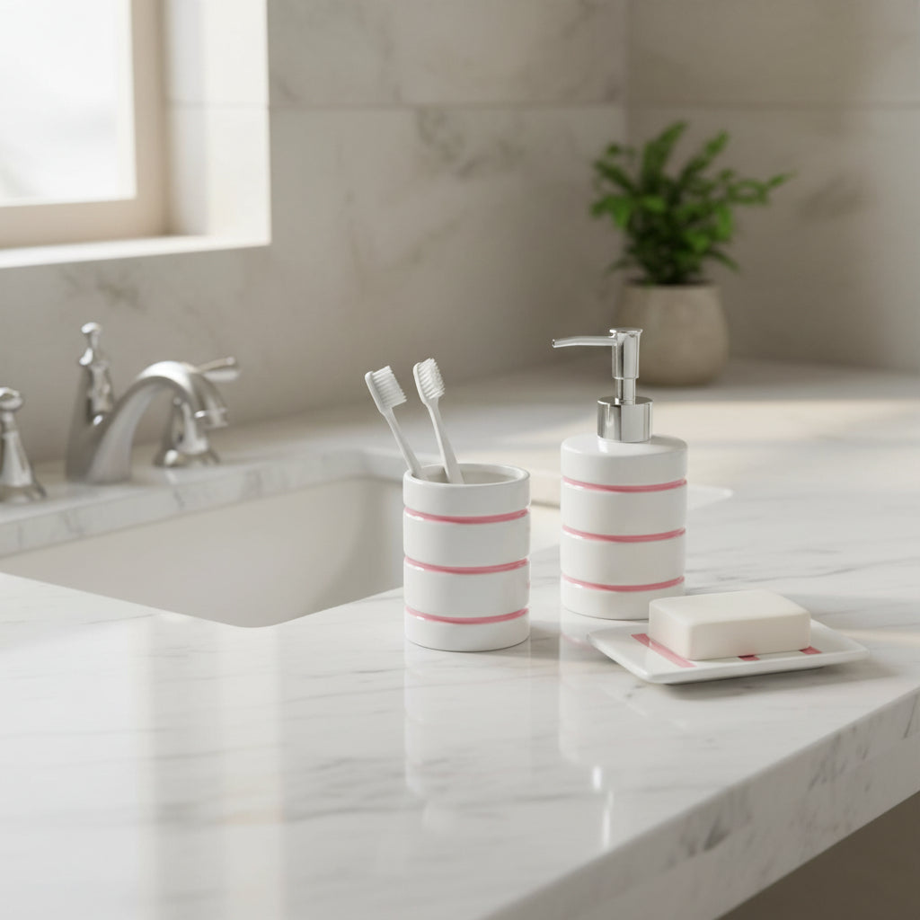 SET DE BAÑO CERÁMICO CON RAYAS 3PZS